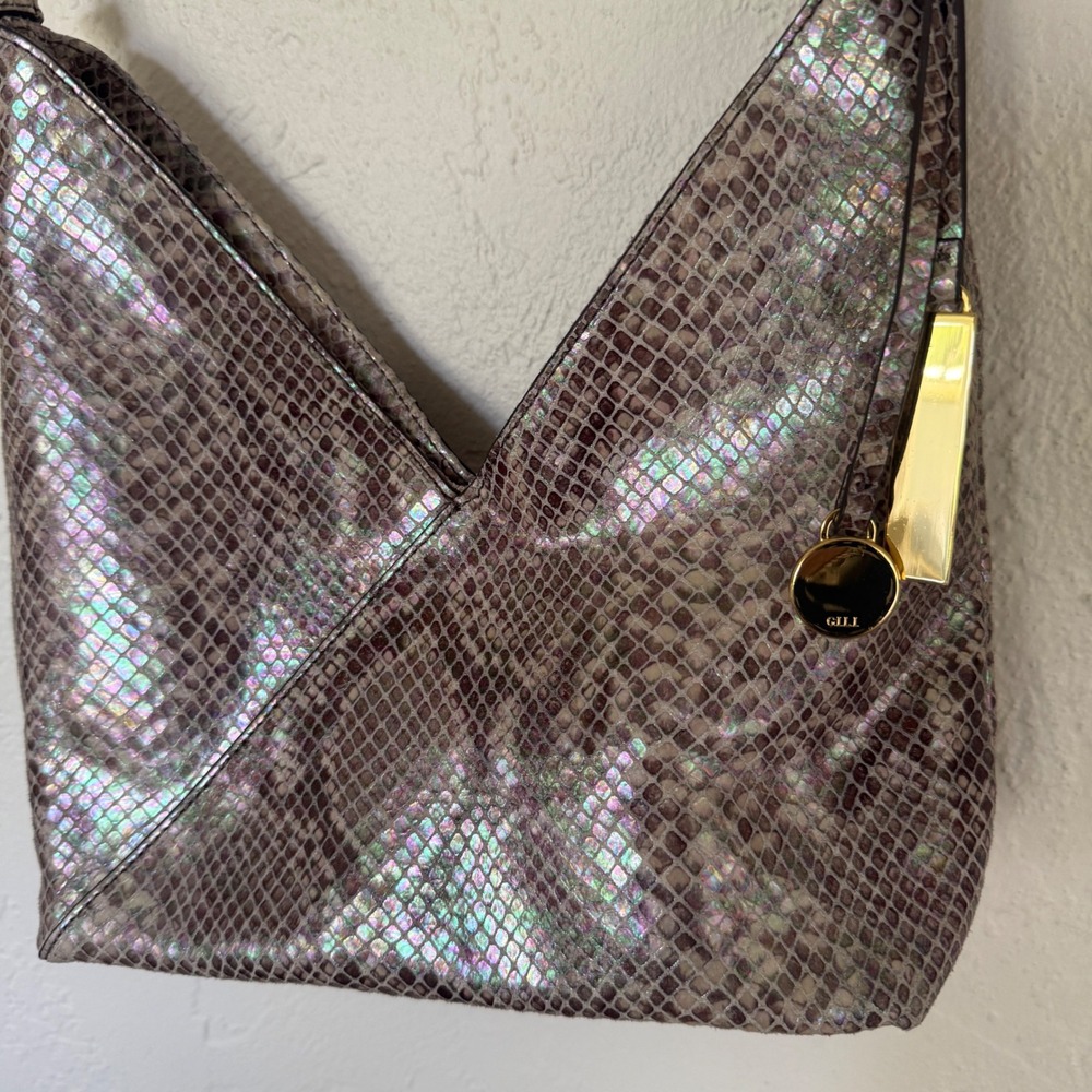 G.I.L.I. Purple Iridescent Snakeskin Embossed Leather Hobo Bag Gold Hardware EUC